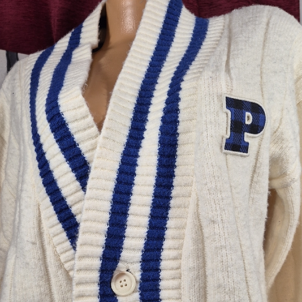 VICTORIA'S SECRET Cream Cable-Knit Cardigan with Blue Stripe and 'P' Patch NWT - Picture 4 of 7